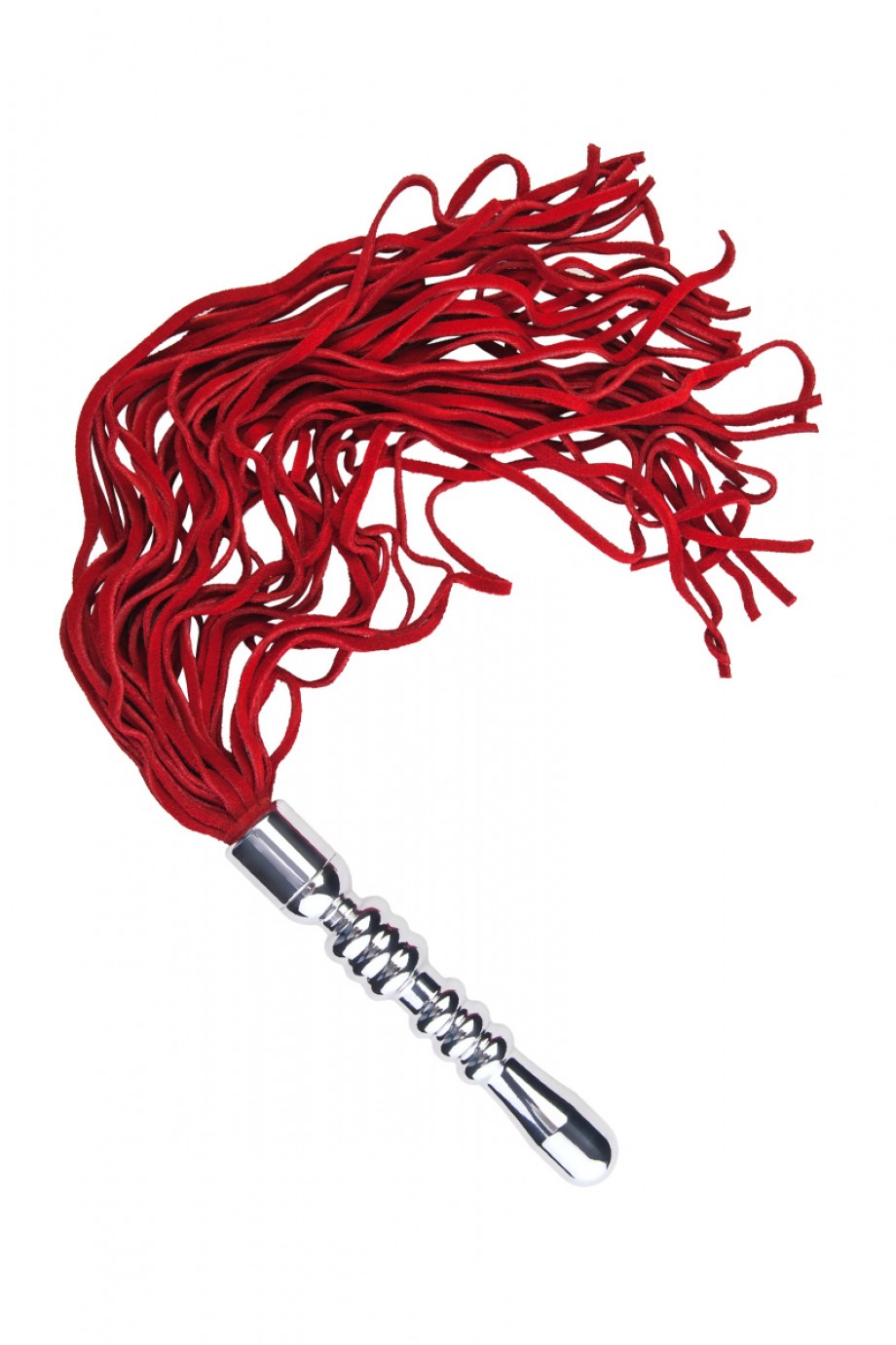 Анальная пробка TOYFA Metal, рельефная, серебристая, с двумя сменными плетками (черная+красная)
