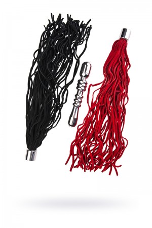 Анальная пробка TOYFA Metal, рельефная, серебристая, с двумя сменными плетками (черная+красная)
