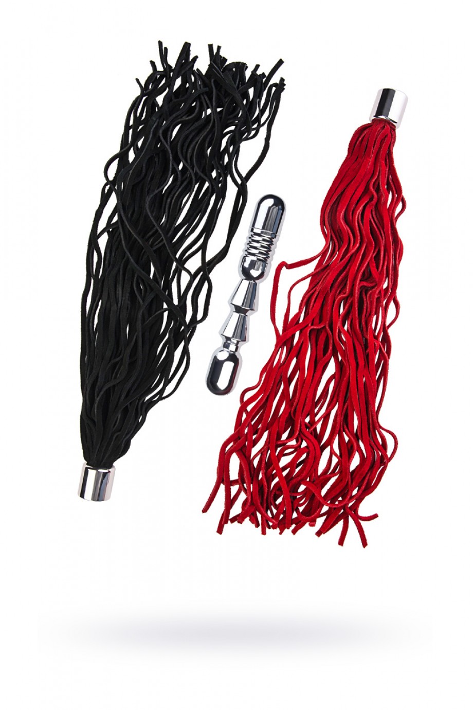 Анальная пробка Metal by TOYFA, рельефная, серебристая, с двумя сменными плетками (черная+красная)